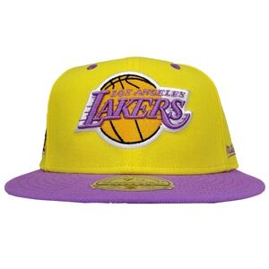 LA Lakers Mitchell & Ness NBA Fitted 7 1/4 Flatbill Hat Cap‎ 3D Logo Yellow NWT